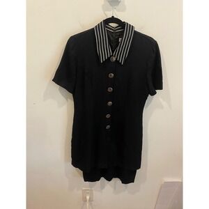 Taurus II Black Striped Collar Short Sleeve Button Front Dress
